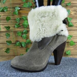 Womens Ankle Boots High Heel Sheep Fur Cuff Taupe‎ Brown Western Booties